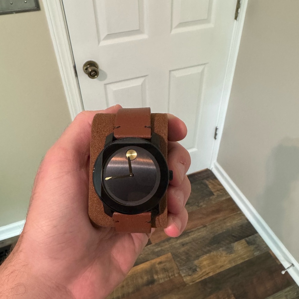 Movado Black Dial with Brown Leather Strap Watch